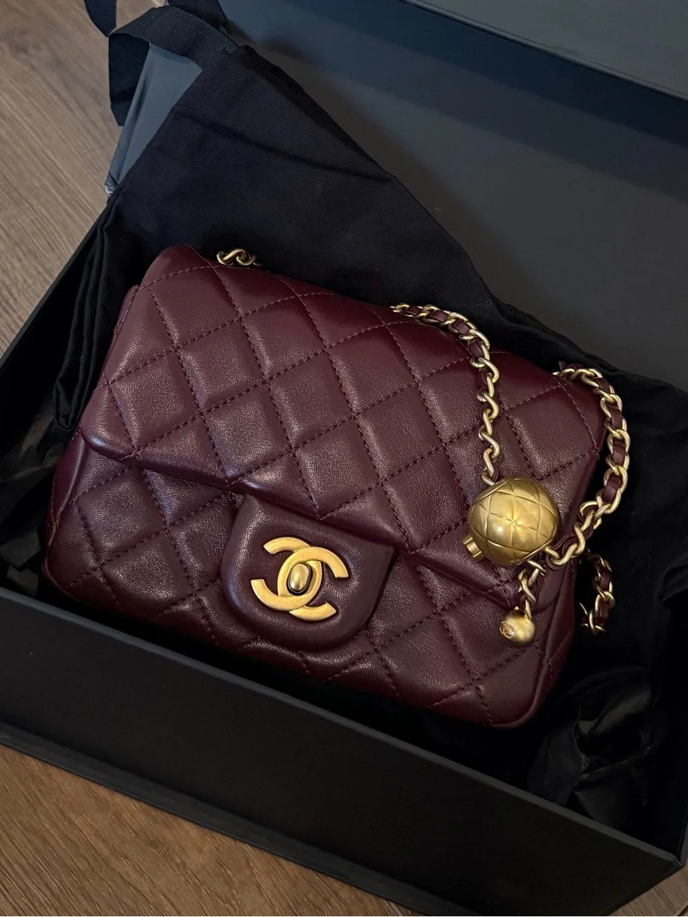 CHANEL Quilted Lambskin Shoulder Bag in Burgundy with Gold Hardware